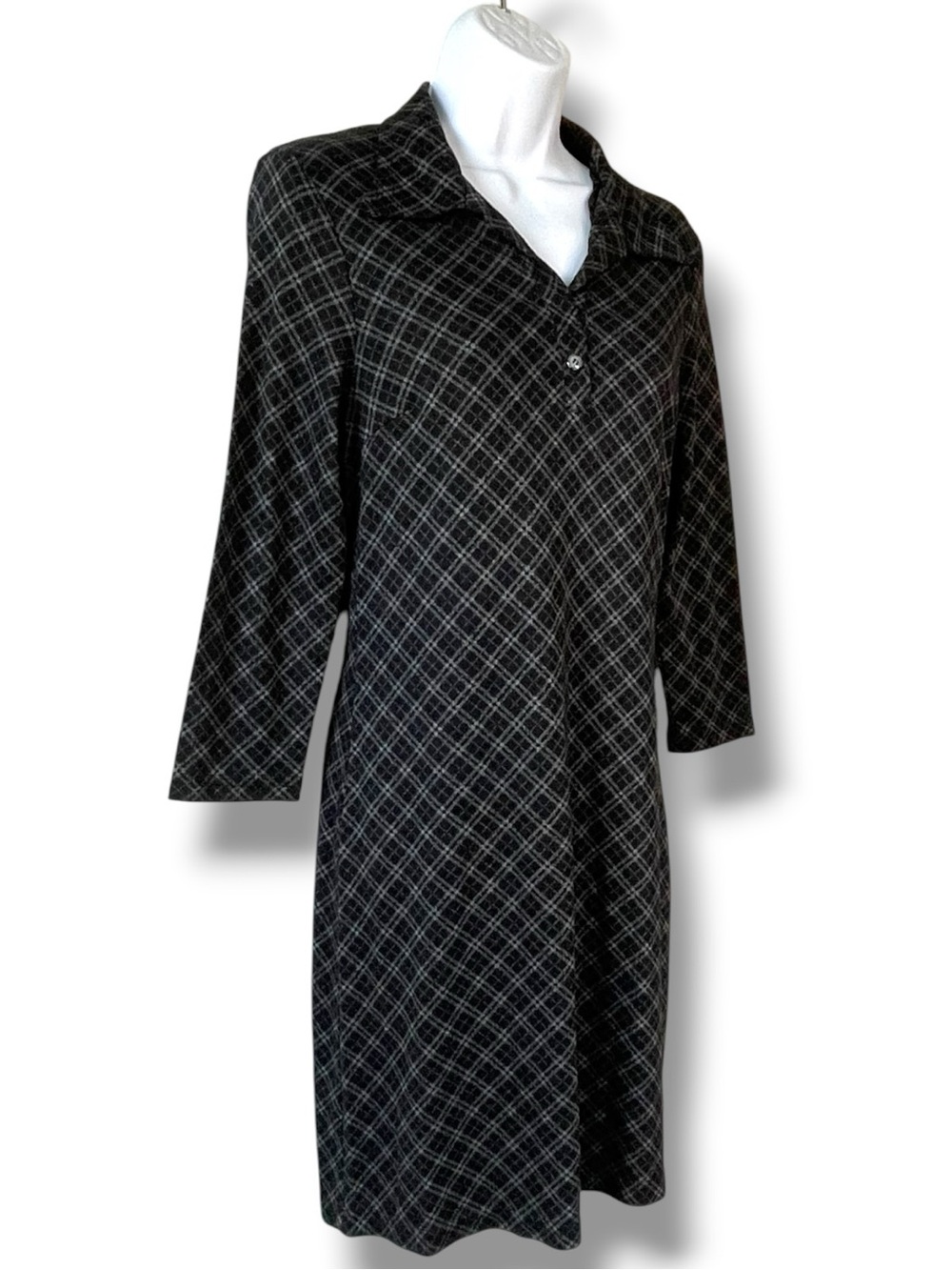 Black Gray Plaid Shirt Dress Collared 3/4 Sleeve Stretch Knit Career Dress